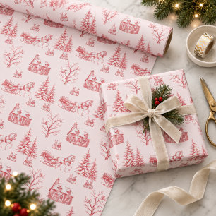 Papel De Regalo Trineo de Caballo de Toile de Navidad Rojo Vintage