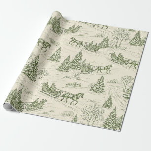 Papel De Regalo Trineo de invierno rústico verde crema paisaje nev