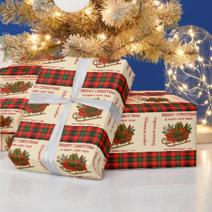 Papel De Regalo Trineo de Navidad vintage con regalos y cuadros es