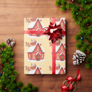 Papel De Regalo Trineo de Santa Claus y casa roja encantadores