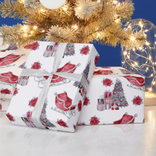 Papel De Regalo Trineo rojo acuarela, árbol de Navidad, paquetes
