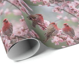 Papel De Regalo "Trío Carmesí: Pinzones Rojos entre Flores Rosadas