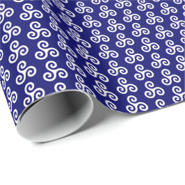 Papel De Regalo Triple espiral celta blanca en azul oscuro