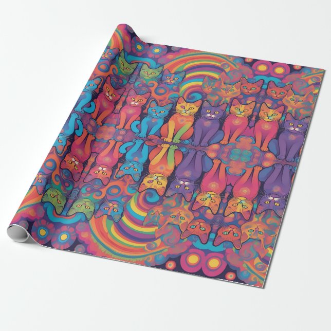 Papel De Regalo Trippy Cats Hippy Color Vivid Psychedelic (Desenrollado)