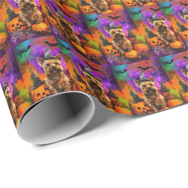 Papel De Regalo Triste Cairn Terrier Dog Halloween Bruja Calabaza (Esquina del rollo)