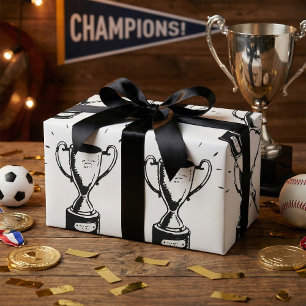 Papel De Regalo Trofeo Dibujado a Mano Retro Premio en Blanco y Ne