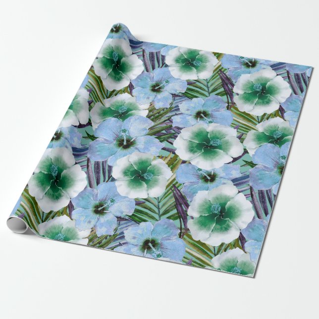 Papel De Regalo  Tropical Beach Hibiscus - Blue And Green (Desenrollado)