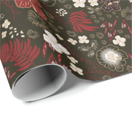 Papel De Regalo Tropical Christmas Red Sage Black Hibiscus Floral