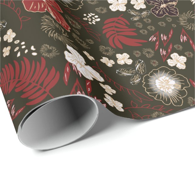 Papel De Regalo Tropical Christmas Red Sage Black Hibiscus Floral (Esquina del rollo)