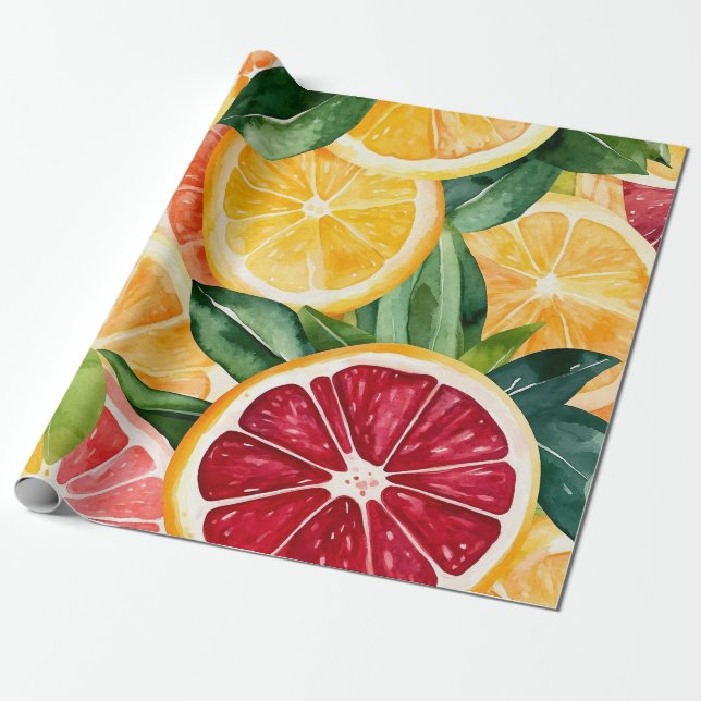 Papel De Regalo Tropical Citrus Naranja Frutos (Desenrollado)