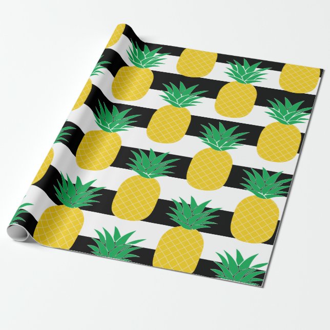 Papel De Regalo Tropical de piña rayada negra y blanca (Desenrollado)