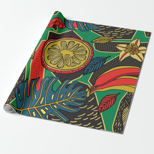 Papel De Regalo Tropical floral pattern in doodle style with fruit (Desenrollado)