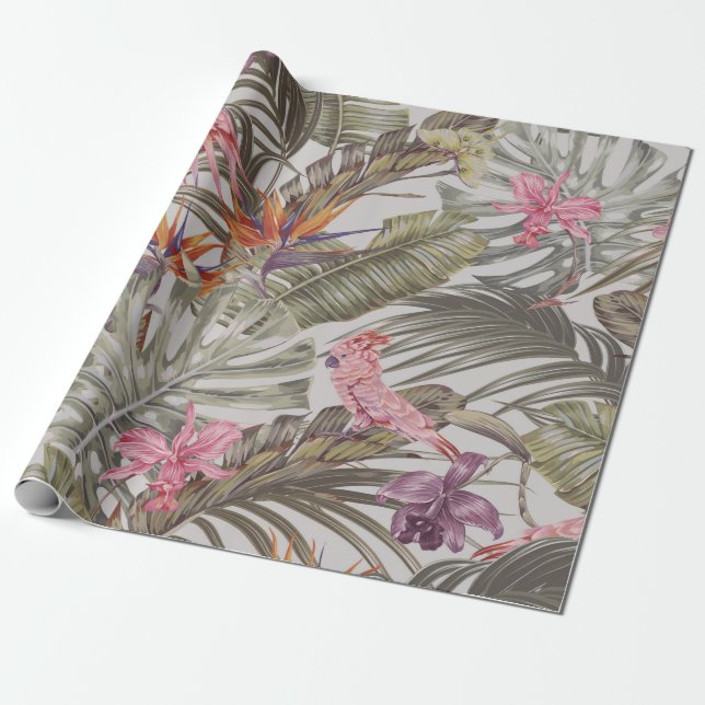 Papel De Regalo Tropical flowers,  palm leaves,  bird of paradise  (Desenrollado)