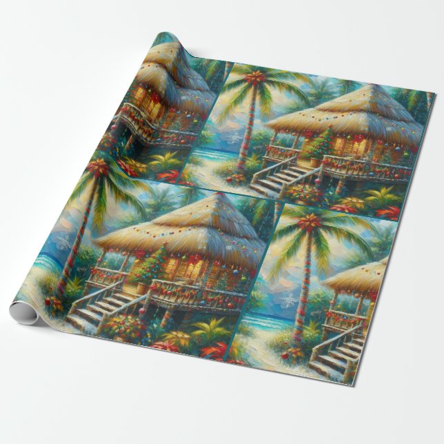 Papel De Regalo Tropical Hut Christmas Palm Tree Beach Decoupage (Desenrollado)