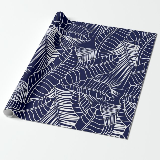 Papel De Regalo tropical leaf pattern on the navy blue background (Desenrollado)