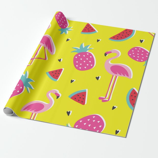 Papel De Regalo  tropical patternwith pink pineapple, flamingos, w (Desenrollado)