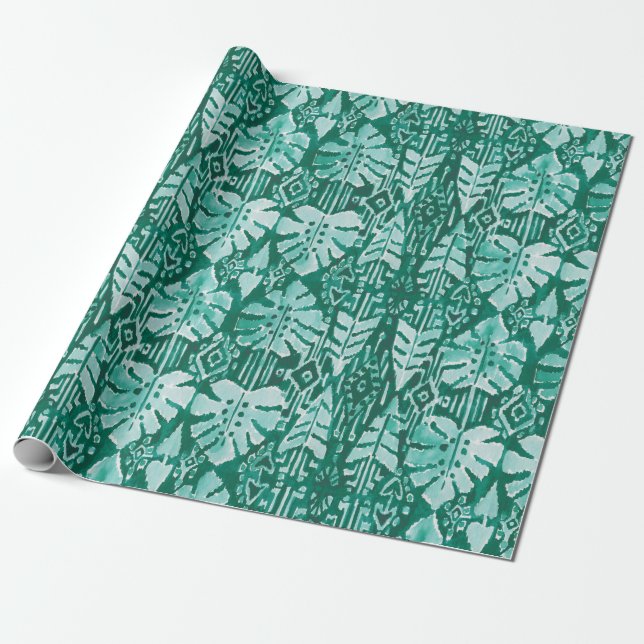Papel De Regalo Tropical tribal verde hawaiano de la SELVA IKAT (Desenrollado)