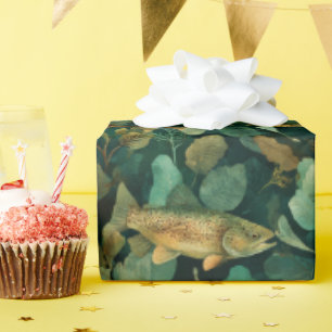 Papel De Regalo Trucha Marrón Teal Subacuática Botánica