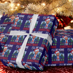 Papel De Regalo Trump: Estaré en casa para Navidades feos azules