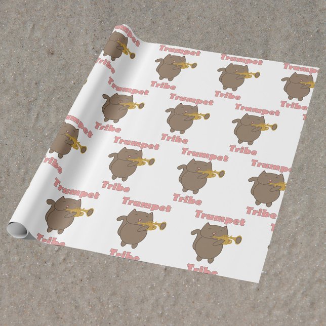 Papel De Regalo Trumpet Tribe Brown Cat Pink (Wrapping paper with a pattern featuring a cat playing the trumpet and the text trumpet tribe.)