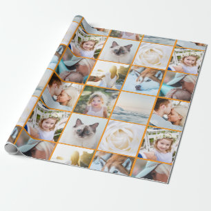 Papel De Regalo Tu Foto Collage de Cuadrícula Personalizada Naranj