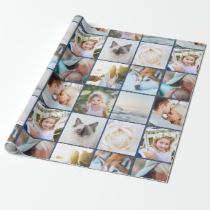 Papel De Regalo Tu Foto Collage Personalizado en Cuadrícula Azul M