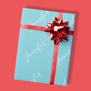 Papel De Regalo Tu Nombre Elegante letra blanca sobre azul huevo