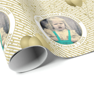 Papel De Regalo Tu texto.Foto Patrón de bandas simples de oro/blan