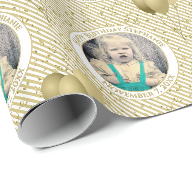 Papel De Regalo Tu texto.Foto Patrón de bandas simples de oro/blan (Esquina del rollo)