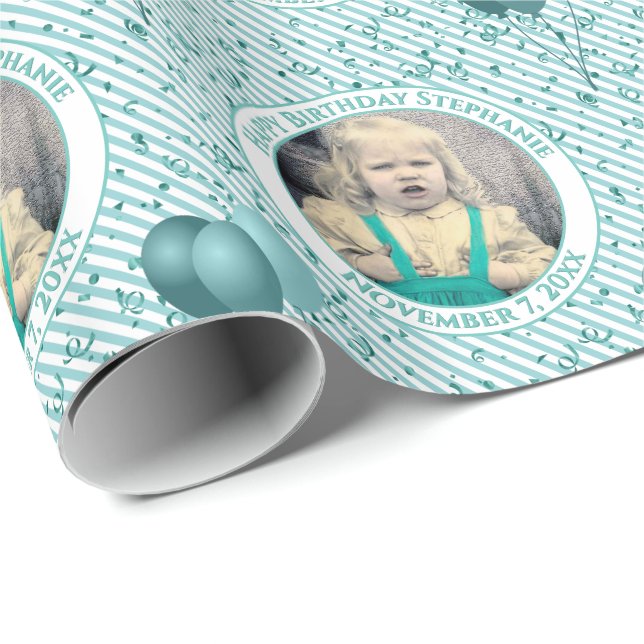 Papel De Regalo Tu texto .Photo Aqua/White Simple Stristrikes Patt (Esquina del rollo)