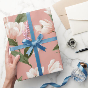 Papel De Regalo Tulipán suave rosa Patrón floral blanco
