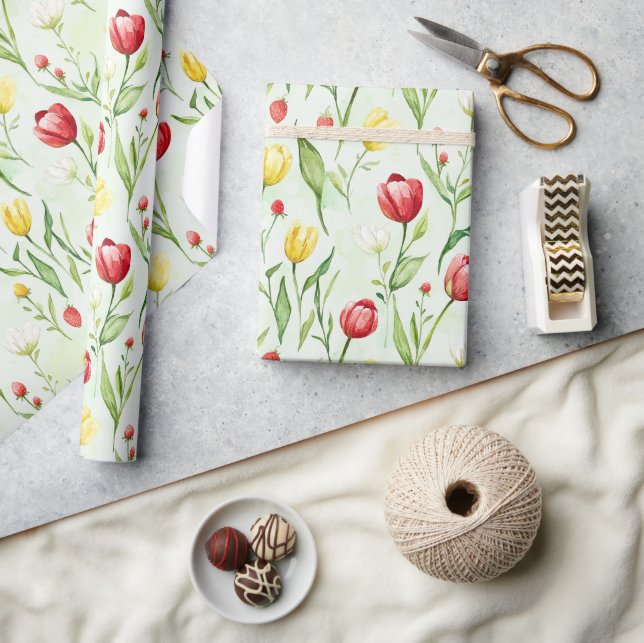 Papel De Regalo Tulipanes Amarillos Rojos Cumpleaños (Artesanía)