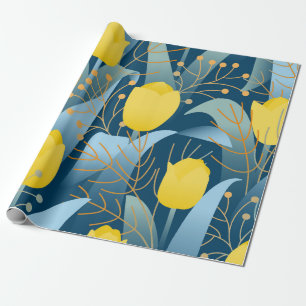 Papel De Regalo Tulipanes amarillos sin patrón en el fondo azul os