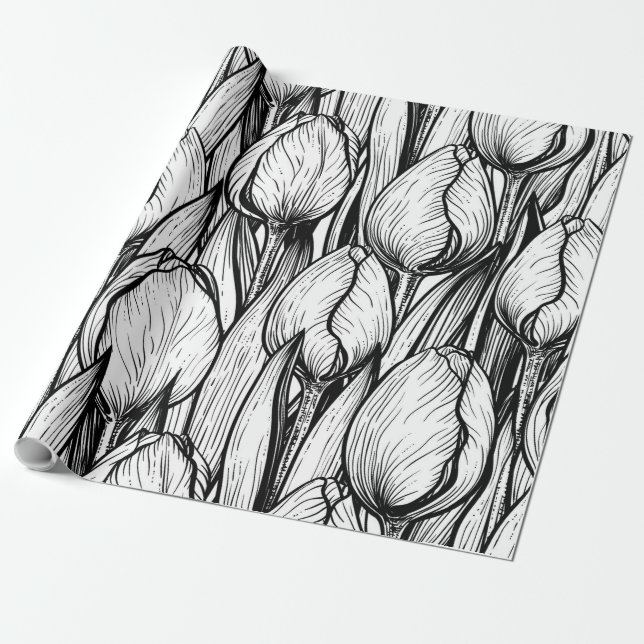 Papel De Regalo Tulipanes en blanco y negro (Desenrollado)