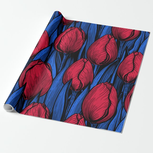 Papel De Regalo Tulipanes en rojo y azul (Desenrollado)