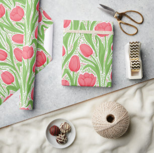 Papel De Regalo Tulipanes en rojo y verde