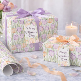 Papel De Regalo Tulipanes Floral Primaveral Morado Melocotón Paste