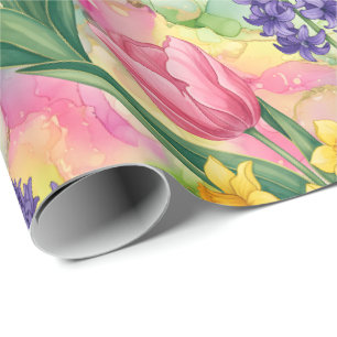 Papel De Regalo Tulipanes, Narcisos, Jacintos en Estilo de Tinta d