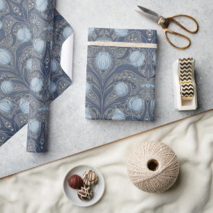 Papel De Regalo Tulipanes Retro Nouveau en azul y estaño