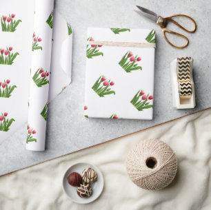 Papel De Regalo Tulipanes rojos con vegetación en blanco