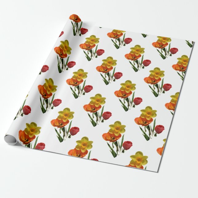 Papel De Regalo Tulipanes rojos y flores daffodiales amarillas (Desenrollado)