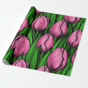 Papel De Regalo Tulipanes rosados con hojas verdes