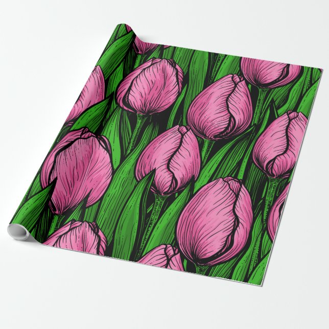 Papel De Regalo Tulipanes rosados con hojas verdes (Desenrollado)