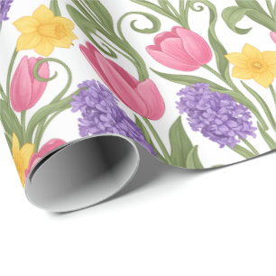 Papel De Regalo Tulipanes rosas, narcisos amarillos, jacintos púrp