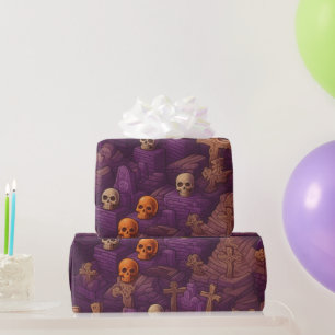 Papel De Regalo Tumbas Moradas Calaveras de Plata y Bronce Hallowe