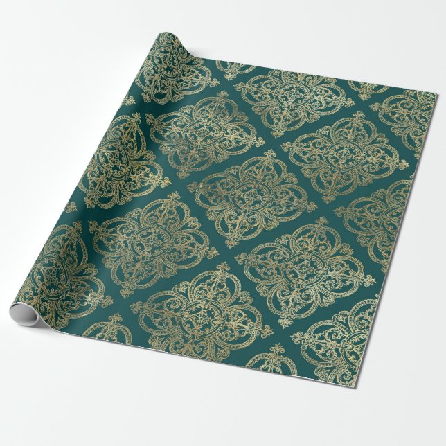 Papel De Regalo Turquesa antiguo y dorado (Desenrollado)