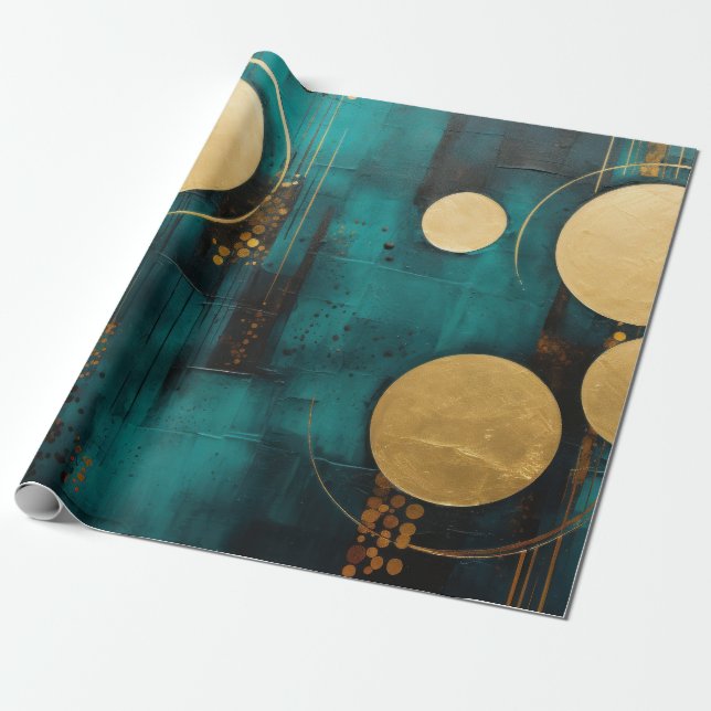 Papel De Regalo Turquesa con formas doradas (Desenrollado)