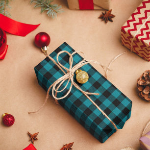 Papel De Regalo Turquesa oscuro y cuadros de búfalo negros