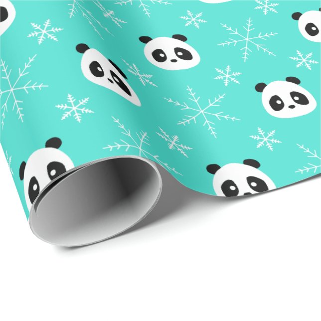 Papel De Regalo Turquesa - Pandas con copos de nieve (Esquina del rollo)