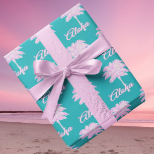 Papel De Regalo Turquesa Rosa Blanco Palma Aloha Tropical 